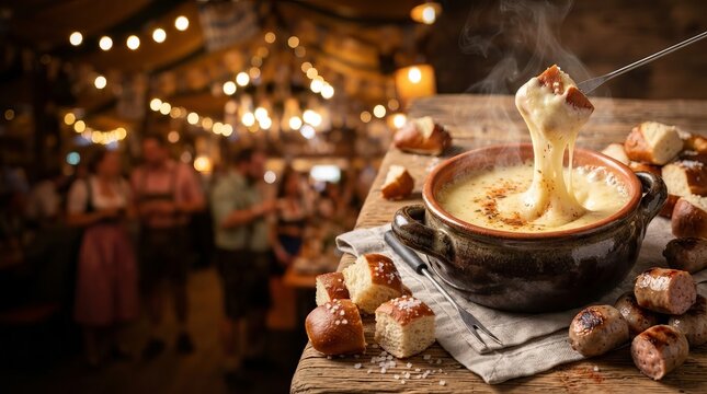 Steaming hot cheese fondue in ceramic pot with bread on fork and sausage on wooden table. Traditional Swiss alpine winter comfort food in cozy tavern. Festive dinner concept