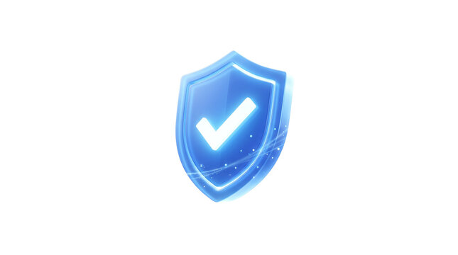 Glowing blue security shield with checkmark icon, digital safety and cyber protection symbol, 3D glass shield for data privacy isolated PNG with Transparent Background