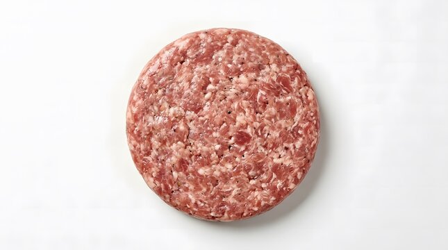 Fresh raw beef burger patty on white background.