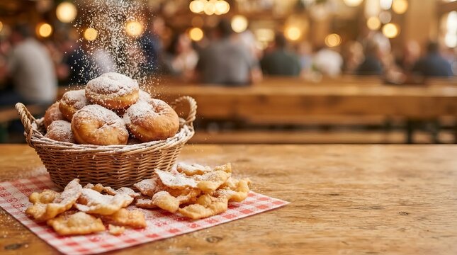Powdered sugar falling on donut in wicker basket on wooden table. Traditional carnival pastry for Fat Thursday and Mardi Gras celebration. Cozy tavern with people on background