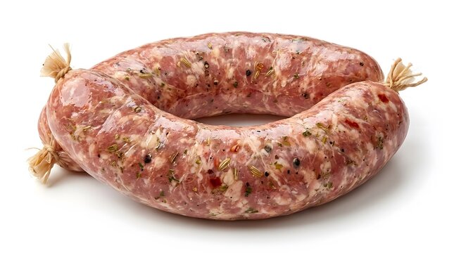 Raw cotechino sausage ring tied with string on white background.