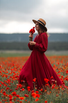 Woman poppy field red dress. Elegant female model smelling wildflowers in a vibrant spring meadow.