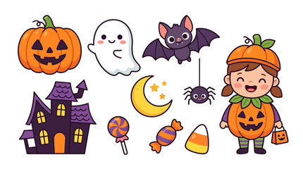Naklejka premium Cute Halloween Icons Collection with Pumpkin Girl and Haunted House