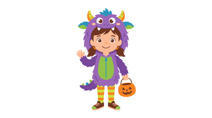 Fototapeta premium Child in a Cute Monster Costume Waving with Trick-or-Treat Bucket