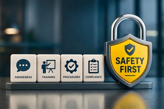 Safety first shield with awareness training and compliance blocks for corporate occupational risk management