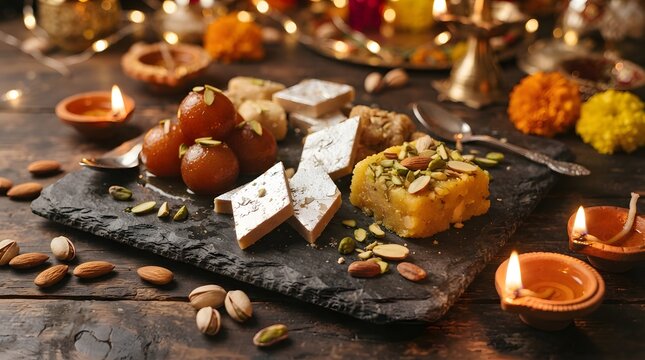 Traditional indian diwali sweets with diyas on table