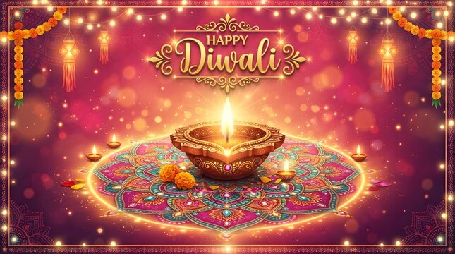 Happy diwali greeting card with glowing diya and mandala