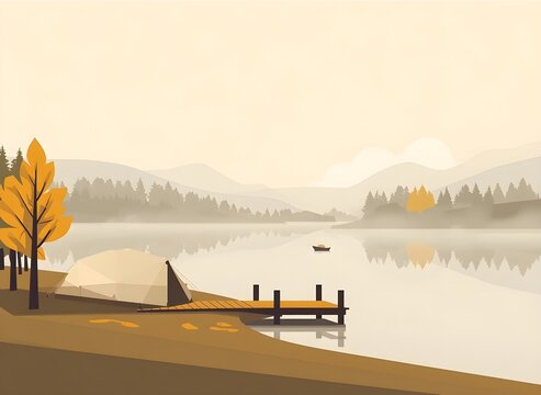 Elegant Autumn Lakeside Campsite in Early Morning Mist