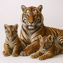 Obraz premium Adult tiger resting with two cubs in a calm, studio environment 