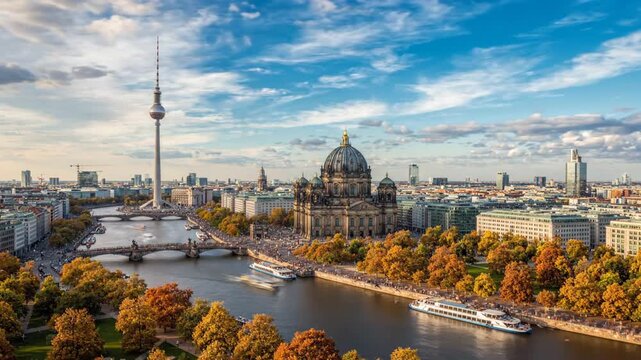 Berlin cityscape aerial view TV Tower Cathedral Spree river autumn trees