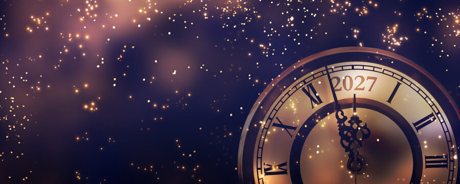 happy new year 2027 countdown clock on abstract glittering midnight sky with copy space, festive party invitation card concept for new years eve
