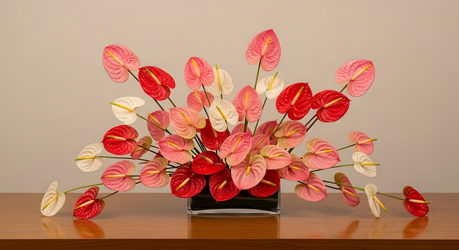 A vibrant arrangement of red pink and white anthurium flowers displayed in a glass vase with flowers arranged rectangular
