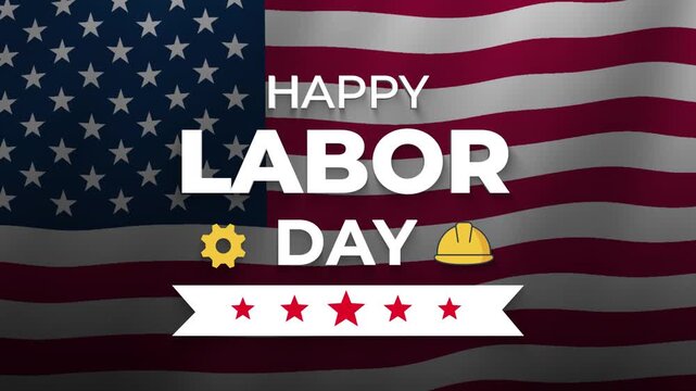 Happy Labor Day Typography with American Flag and Worker Icons Animation