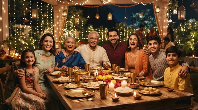 Indian family enjoying a festive dinner during diwali celebration