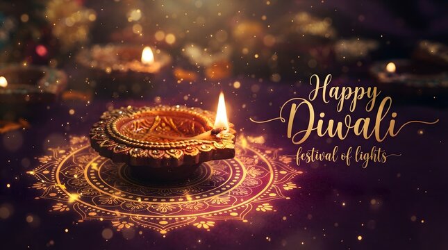 Happy diwali festival of lights with glowing diya lamp