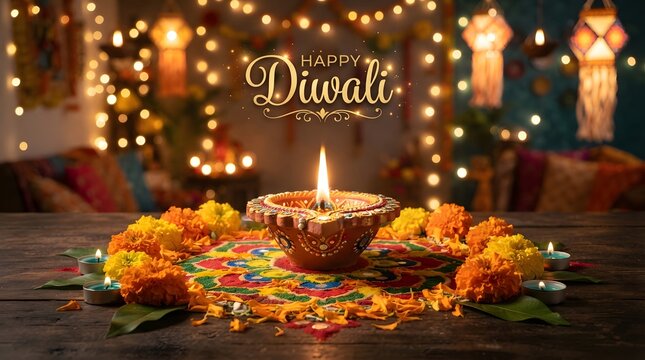 Diwali festival celebration with traditional diya and marigold