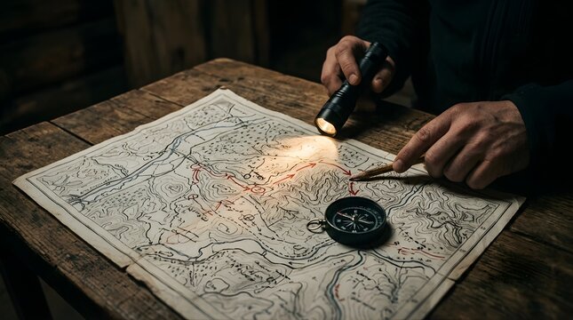 Person using a flashlight to study a topographic map on a wooden table