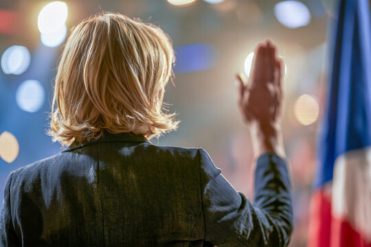 2027 French election, female presidential candidate waving as first woman president of France - imagined by AI generative - not the actual event