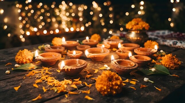 Traditional clay diya lamps with marigold flowers for diwali