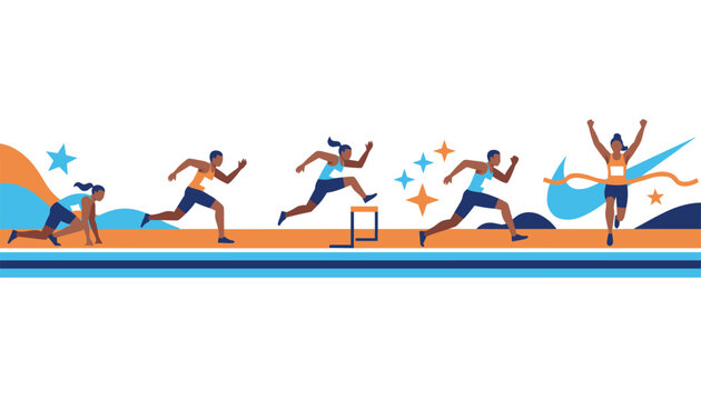 Illustration showing sequence of female athlete running hurdling and finishing race