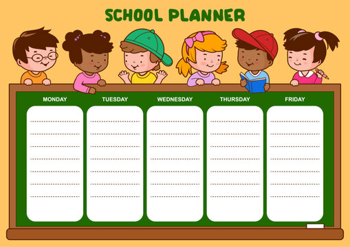 School subject planner with student children in the classroom at school, reading books and writing on the chalkboard. Blackboard calendar planner and scrapbook with kids, boys and girls. 