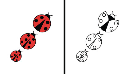 Fototapeta premium Set of ladybug insect icons shown in red color and line art vector versions