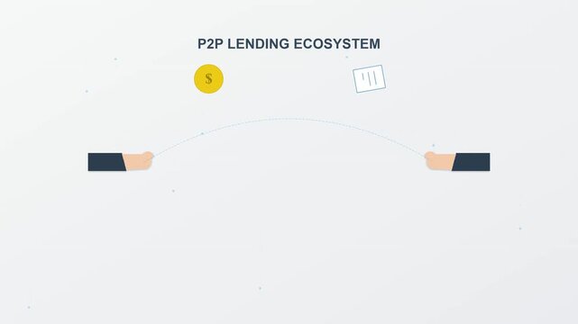 Illustration of a P2P lending ecosystem showing money and documents exchanged between two parties.