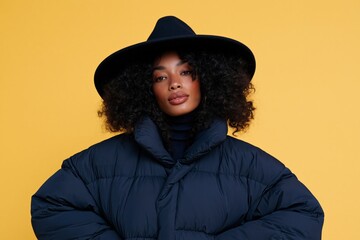 Fototapeta premium Fashion portrait model in a navy puffer coat and black hat with natural curly hair on yellow background for wallpaper and banner