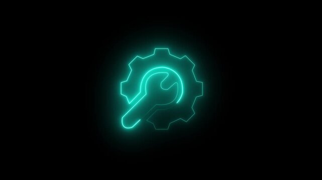 Glowing neon gear and wrench icon representing technical support and maintenance service.