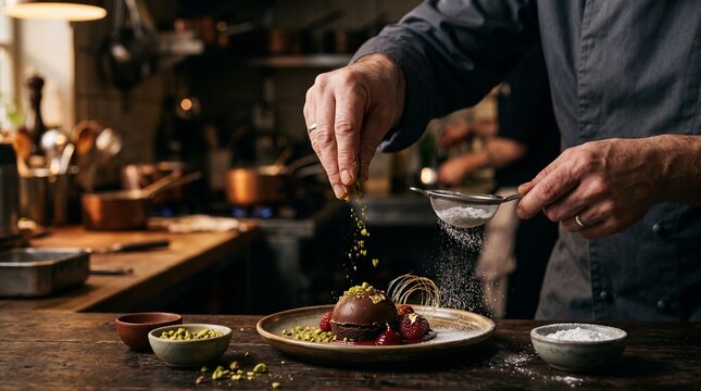 Close-up of a professional chef sprinkling garnish on a gourmet chocolate dessert.
