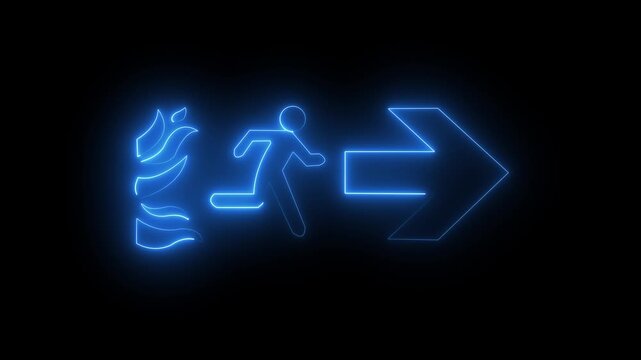 Glowing blue neon emergency fire exit sign with running person icon on black background