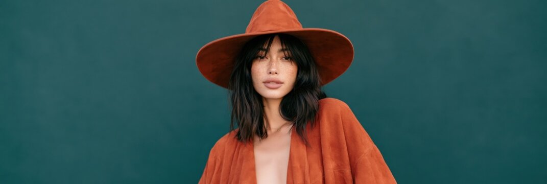 Wide banner portrait of a woman in a rust suede coat and burnt orange hat against deep green background for fashion website header and hero image