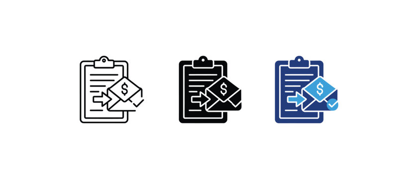 Financial report email icon, clipboard dollar envelope arrow symbol, billing invoice message sign, payroll document notification graphic. Vector illustration