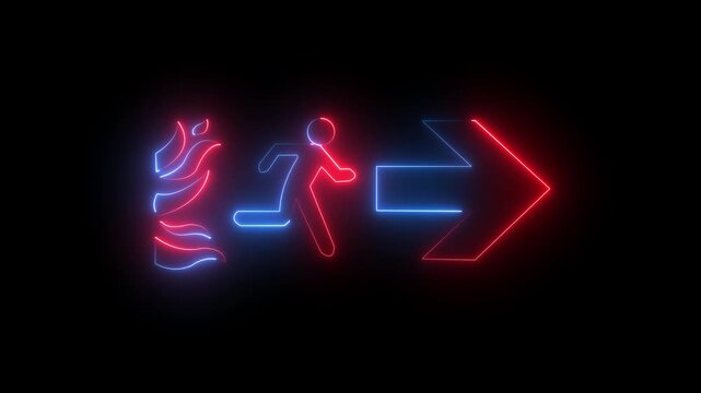 Neon emergency fire exit sign with running man icon and directional arrow on black background