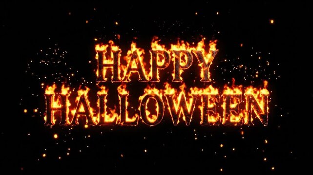 Happy Halloween text burning in bright orange flames on a dark black background.