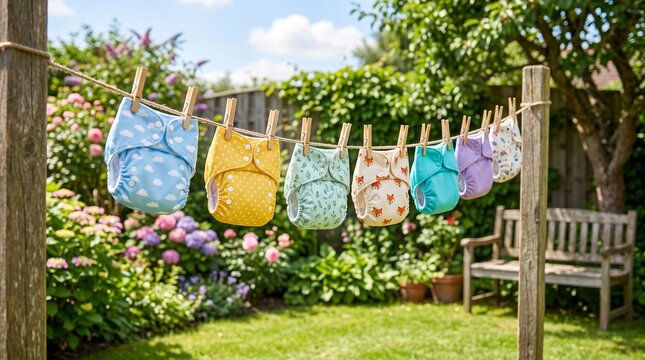 Row of cute pattern cloth diapers hanging on line in sunny backyard garden, eco-friendly living concept