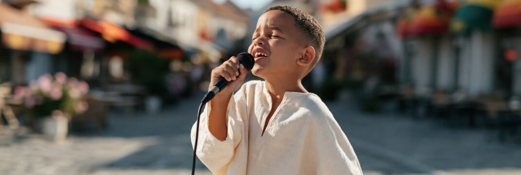 Boy singing into microphone on sunny outdoor street for performance poster and children music background