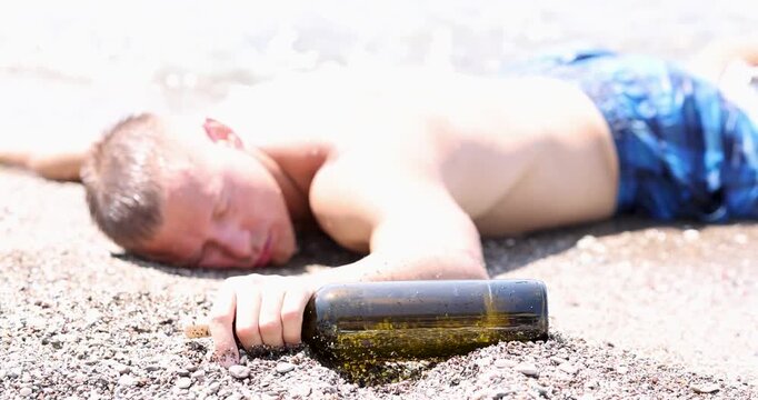 A young boy lies on the warm sand, soaking in the sun. He holds a mysterious bottle, eager to see the treasure inside, while waves gently lap the shore in the background.