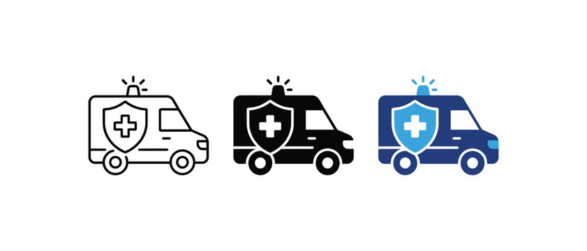 Emergency Medical Ambulance Vehicle Health Insurance Vector Icon Set