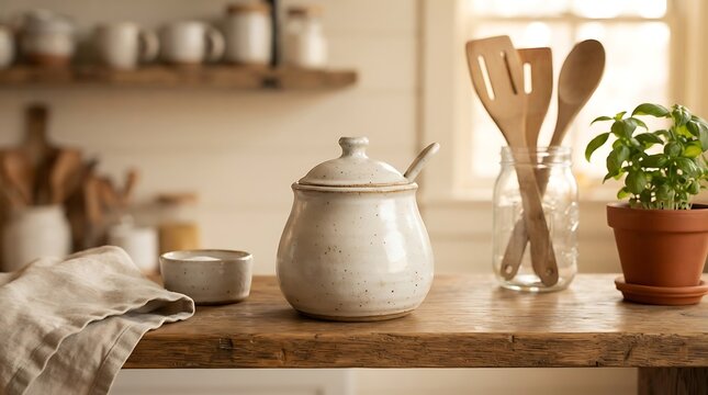 Rustic kitchen counter with ceramic jar and wooden utensils.