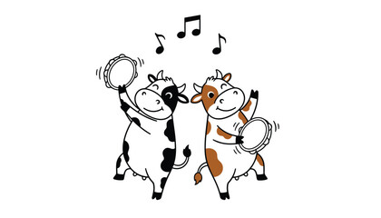 Obraz premium Two cute cartoon cows playing tambourines and dancing under floating musical notes