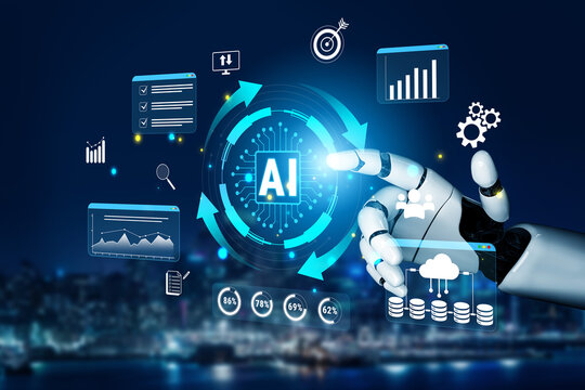 Futuristic robotic hand interacts with advanced artificial intelligence interface, showcasing technology innovation, data analysis, and digital transformation concepts at night. Glyphic.