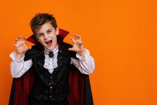 Young boy dressed as a vampire with fake blood on his face and hands outstretched Halloween orange background with copy space
