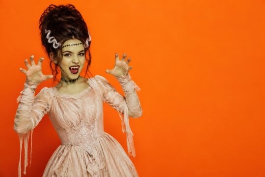 Woman in Bride of costume with spooky makeup and dress, Halloween orange background with copy space