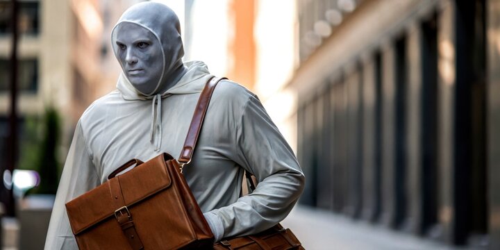 Ghost delivery worker in Halloween concept. A street performer dressed as a silver statue carrying a brown leather satchel in an urban setting.