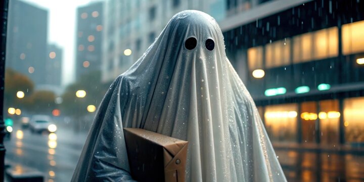 Ghost delivery worker in Halloween concept. Person dressed as a ghost wearing a sheet with eye holes, holding a book, standing in the rain on a city street at night.