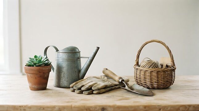 Gardening tools and potted plant on wooden table.