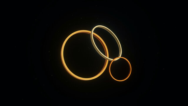 Three interlocking metallic rings in gold and bronze tones on dark background
