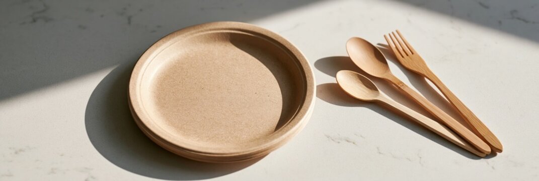 Disposable eco tableware arrangement with biodegradable plates and wooden spoons forks for sustainable kitchen background and minimalist banner design