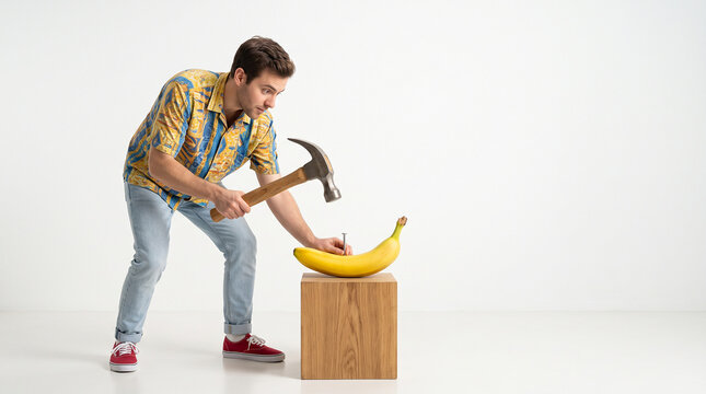 Man hammering nail into banana in playful surreal DIY and problem solving concept